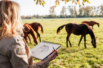 Woman illustrator drawing sketch of horse in plein air. Inspiration for artist from animal farm