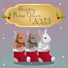 Template design of greeting card for New Year 2023, Christmas, cards, posters concept. Vector illustration of rabbits bunnies in Santa socks, text Merry Christmas, garland, berries isolated on blue. 