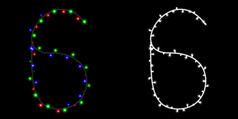 Number 6 made of electric garland with colored lights on black background with clipping mask, 3d rendering