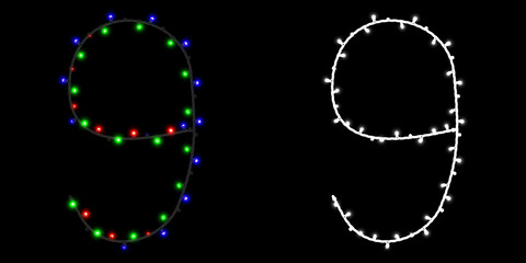 Number 9 made of electric garland with colored lights on black background with clipping mask, 3d rendering