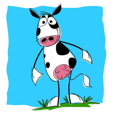  Vaca frisona en actitudes humanas, muy contenta porque est&aacute; en libertad en una gran pradera.