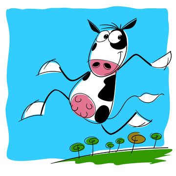  Vaca holstein o frisona en actitudes humanas, muy contenta porque est&aacute; en libertad en una gran pradera.