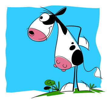  Vaca holstein o frisona en actitudes humanas, muy contenta porque est&aacute; en libertad en una gran pradera.