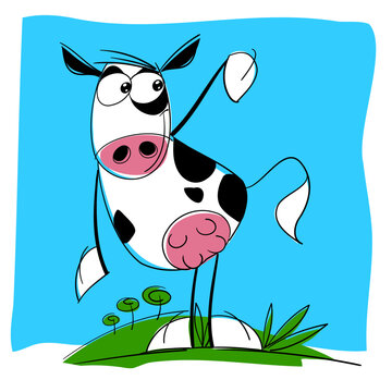  Vaca holstein o frisona en actitudes humanas, muy contenta porque est&aacute; en libertad en una gran pradera.