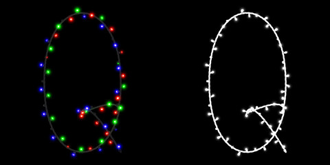 Letter Q made of electric garland with colored lights on black background with clipping mask, 3d rendering