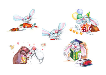 Set of rabbits in different action: lover,  student with books, goes with  harvest and  carrot, on  holiday with gifts and balloons.Watercolor illustrations and graphic effect.