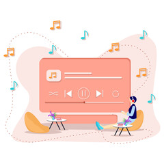A woman is sitting relaxing listening to music using a cell phone in the room. headsets. listening to music. relaxed. music templates. poster. website. vector illustration design