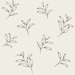 Branch of green tea. Trendy pattern with twig in boho style. Vector contour illustration.