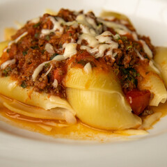 Italian pasta conchiglione with bolognese sauce