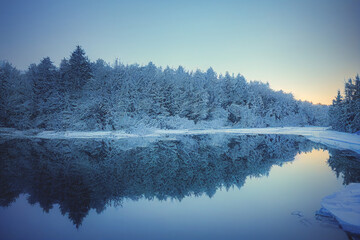 Fir trees in mountains near icy lake. Fog in the winter mountains. Natural winter landscape.