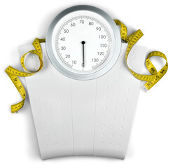 Bathroom scale with a measuring tape isolated on background