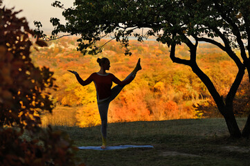 Silhouette of a one leg yoga pose against autumn background