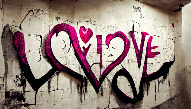 Graffiti of love on wall. Pink art illustration. 3D image