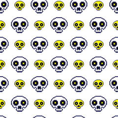 Small colored pixel skulls isolated on white background. Cute seamless pattern. Vector simple flat graphic illustration. Texture.