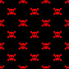 Fototapeta na wymiar Small red skulls and crossbones isolated on black background. Cute monochrome seamless pattern. Vector simple flat graphic illustration. Texture.