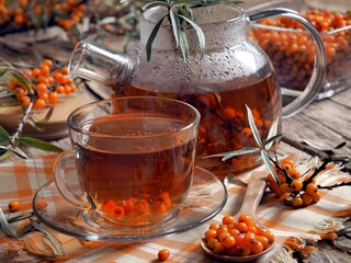 Teapot with herbal medicinal sea buckthorn tea on a wooden natural background. Autumn theme and alternative treatment of colds.