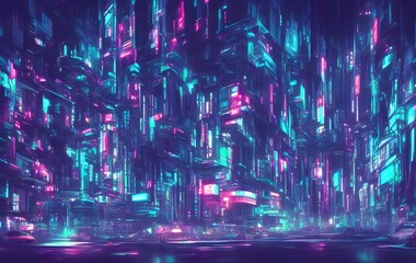 Science fiction neon city night panorama. illustration of dark futuristic sci-fi city lit with blight neon lights