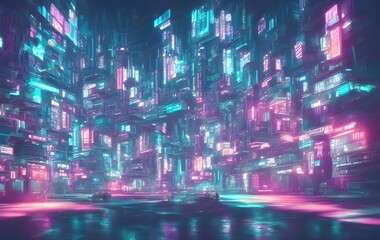 Fototapeta na wymiar Science fiction neon city night panorama. illustration of dark futuristic sci-fi city lit with blight neon lights