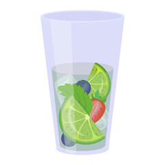 A glass with a cocktail. Drink in a glass with lemon, mint and berries