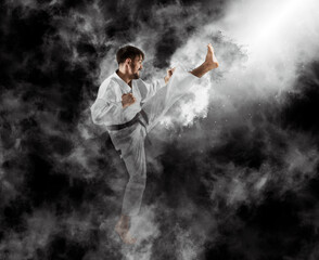 Fototapeta na wymiar Karate master. Smoke background