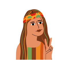 Portrait of a young hippie girl. Character 60s, 70s. Vector illustration in flat style
