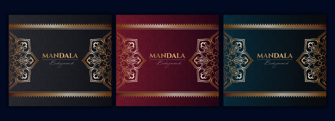 Fototapeta premium Set of abstract gold luxury mandala background vector template, Circular ornamental arabesque pattern for poster, cover, brochure, flyer. Red, green, blue background with ethnic floral mandala element