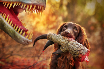 Spaniel holding dinosaur paw in teeth