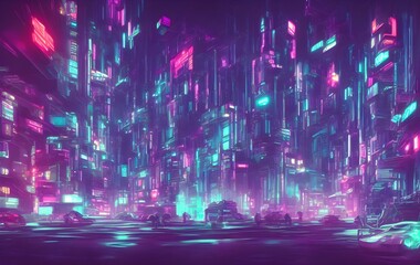 Spectacular nighttime in cyberpunk city of the futuristic fantasy world features skyscrapers, flying cars, and neon lights. Digital art 3D illustration. Acrylic painting.