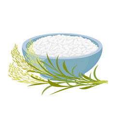 Rice in bowl with sprig of ears. Harvest and finished boiled products from cereal plants.