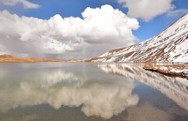 reflection of clouds in the sacred alpine lake Tulpak-Kul in the snow-capped Pamir mountains in Kyrgyzstan