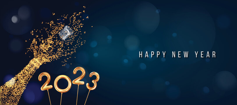 2023 New Year. 2023 Happy New Year greeting card. 2023 Happy New Year background isolated on transparent background. 2023 Happy New Year background with gold glitter champagne bottle.
