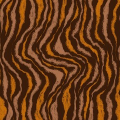 Hand drawn tribal ethnic wavy seamless pattern. Tiger skin background. Drawn with chalk striped texture and grunge effect. Abstract pattern mix