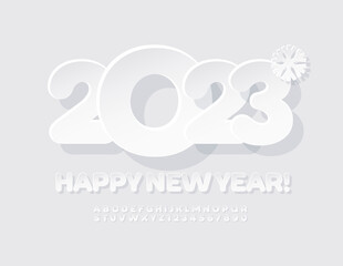 Vector creative Greeting Card Happy New Year 2023! . White sticker Font. Artistic Alphabet Letters and  Numbers