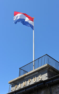 Dutch flag in Pampus, an artificial island and late 19th-century sea fort located near Amsterdam