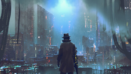 Der Mann mit dem mechanischen Arm, der in regnerischer Nacht auf die Megacity blickt, digitaler Kunststil, Illustrationsmalerei