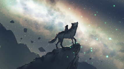 vrouw op de wolf die op de top van een berg staat tegen de nachtelijke hemel, digitale kunststijl, illustratie, schilderkunst