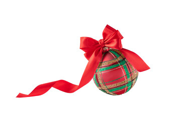 Christmas ornament ball with red ribbon bow isolated on white background. Christmas decoration for...