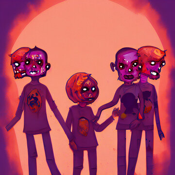 Ilustraci&oacute;n digital de una pandilla de ni&ntilde;os zombies en la noche de Halloween 2022, con fondo morado