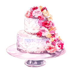 

Watercolor wedding cake with pink flowers illustration for invitation, wedding or greeting cards. Dessert design isolated on a white background. Elegant wedding menu clipart.