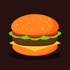 Cheeseburger icon. Hamburger with bun, tomato, lettuce, cheese, and meat. Junk food or unhealthy menu. Delicious burger meal or snack. Cute cartoon vector. Flat graphic design isolated illustration.