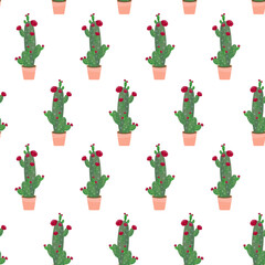 Flowering cacti seamless pattern vector illustration. Blooming green houseplants with crimson flowers in pots. Cute abstract succulent. Elements are isolated on white background