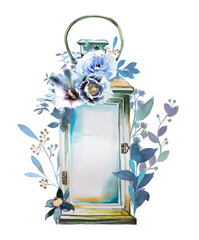 Beautiful  watercolor vintage lantern isolated on white background. Hand drawn sea themed lantern design. Antique  concept. Old style light with flowers.