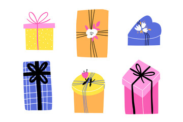 set of gifts hand drawn in flat style. vector illustration.