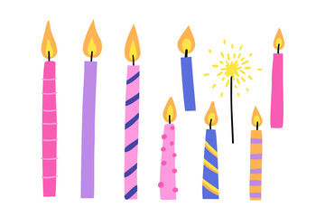 a set of candles hand drawn in flat style. Vector illustration.