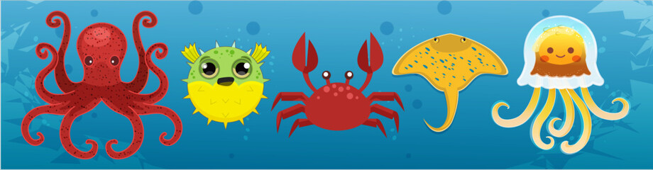 A set of simple color flat images. Sea animals in manga, anime style, big eyes. Octopus, puffer fish, jellyfish, crab, yellow sea stingray. Marine biology, a set of underwater pictures.  © Feat