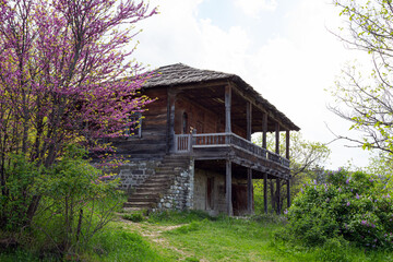Fototapeta na wymiar Traditional Georgian historic wooden house on top of the hill