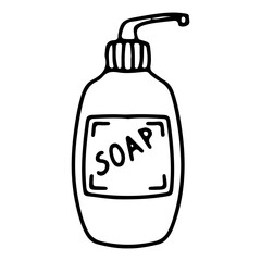 Liquid soap in a bottle. Detergent for hands and body. Antiseptic. Means for self-care. Vector graphics on a white background.
