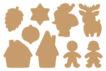 Christmas fun decal cut file pattern. Silhouette shapes of Santa Claus, deer, gingerbread man, cute houses. Winter holiday items isolated contours for window decoration, cookies, paper craft, tags.