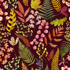 Autumn leaves and flowers seamless pattern Fallen leaves watercolor illustration Vibrant foliage botanical print Fall colorful allover layout
