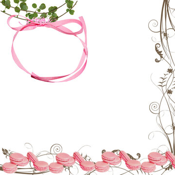 Sfondo bianco con cornice tonda nastro rosa per foto ricordo con decorazioni per invito ed altri eventi